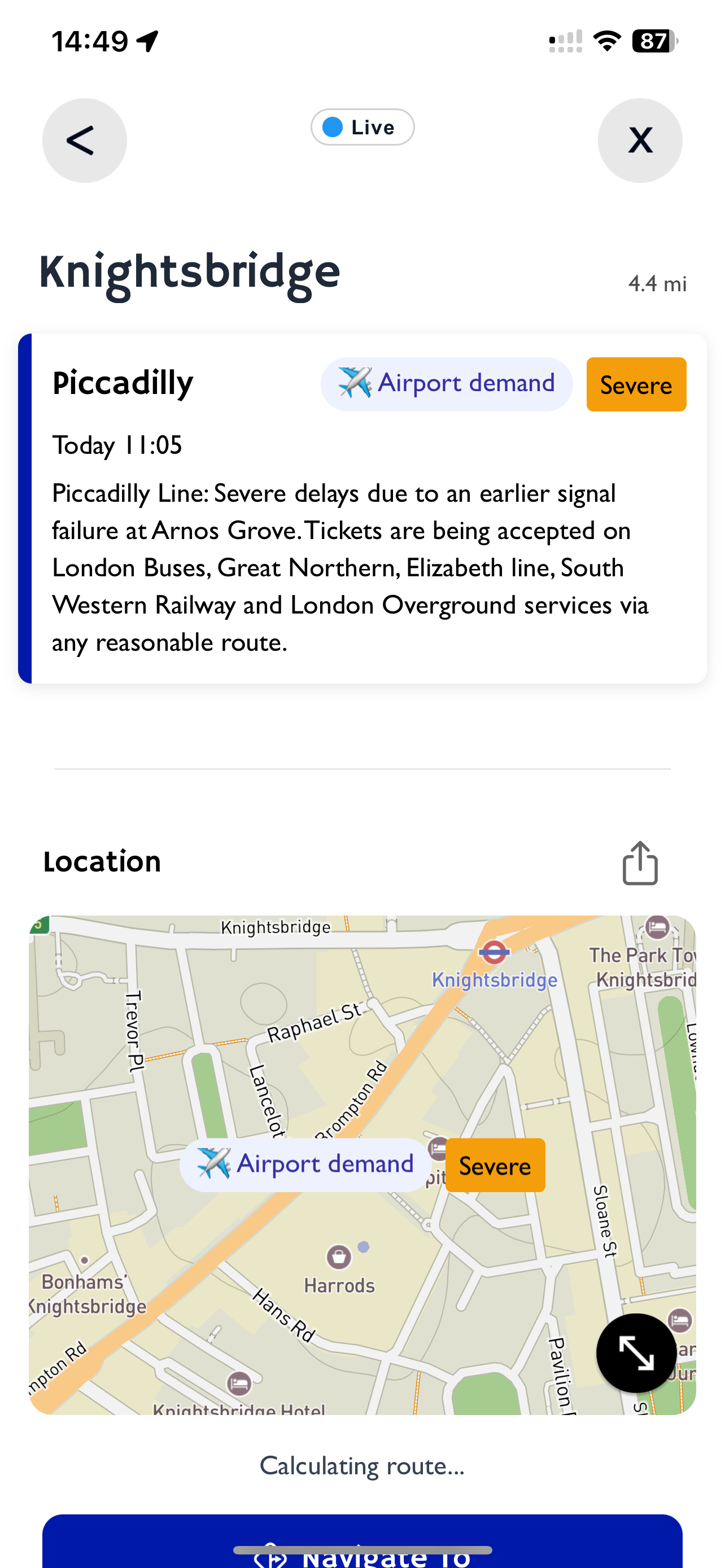 Airport Services Disruptions detail showing a service disruption