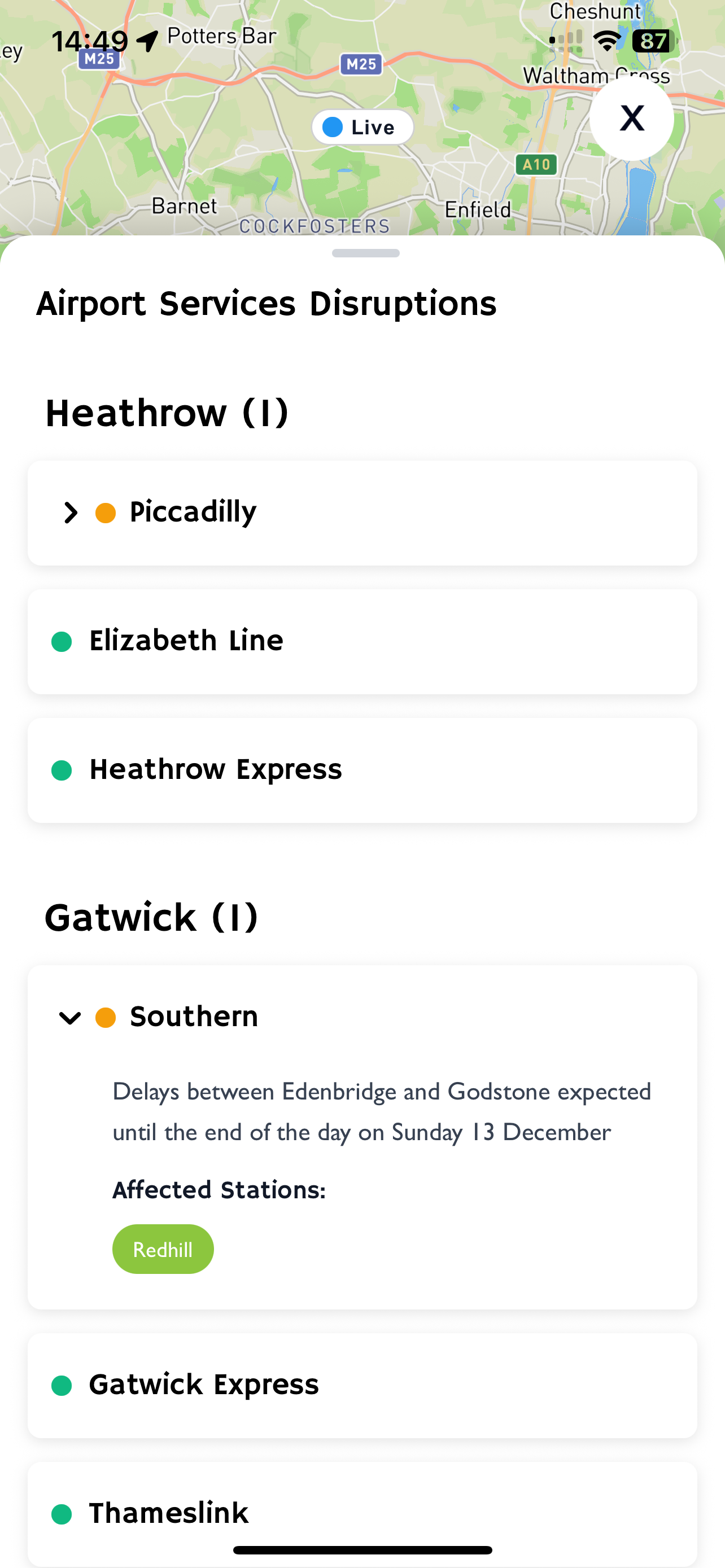 Airport Services Disruptions list showing London airport connections
