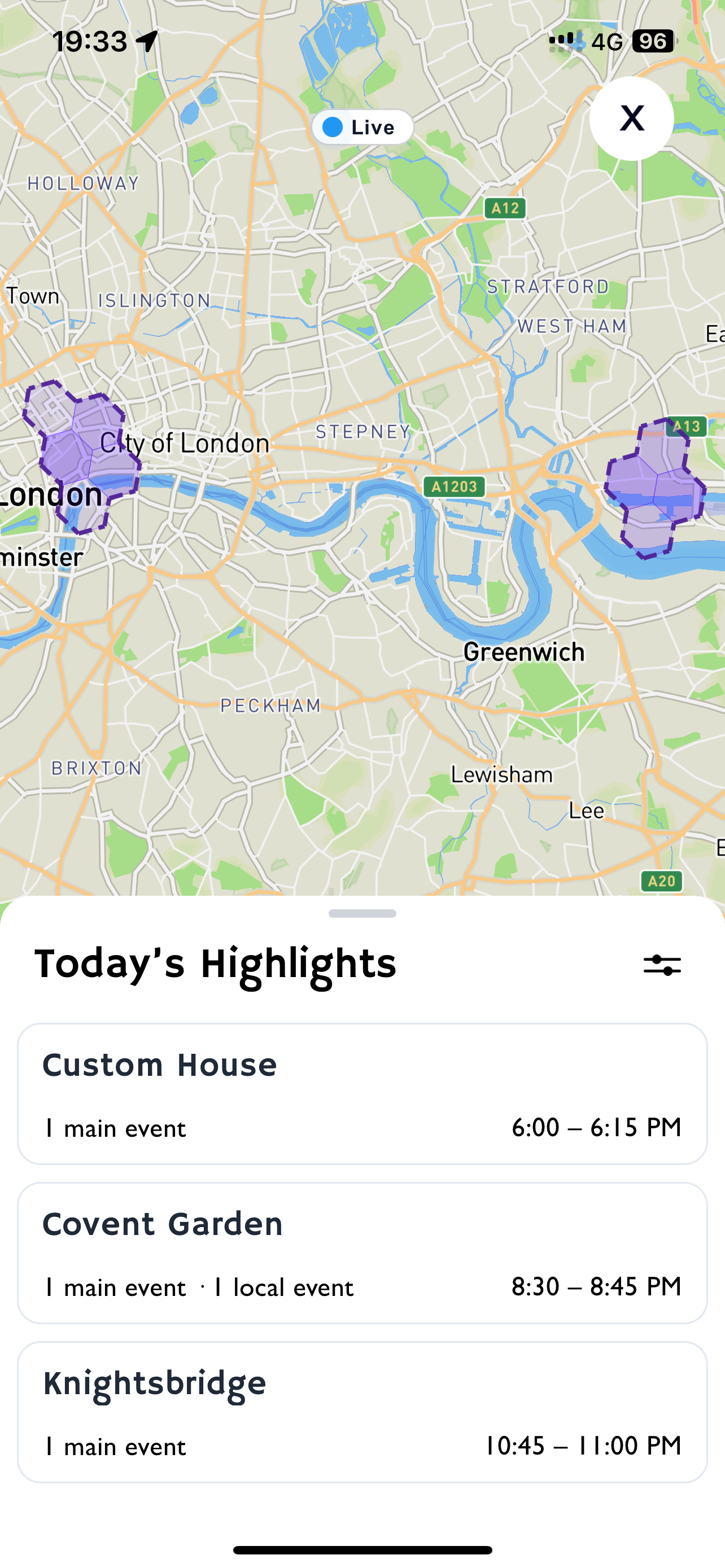 Today's Highlights list of London areas and demand windows
