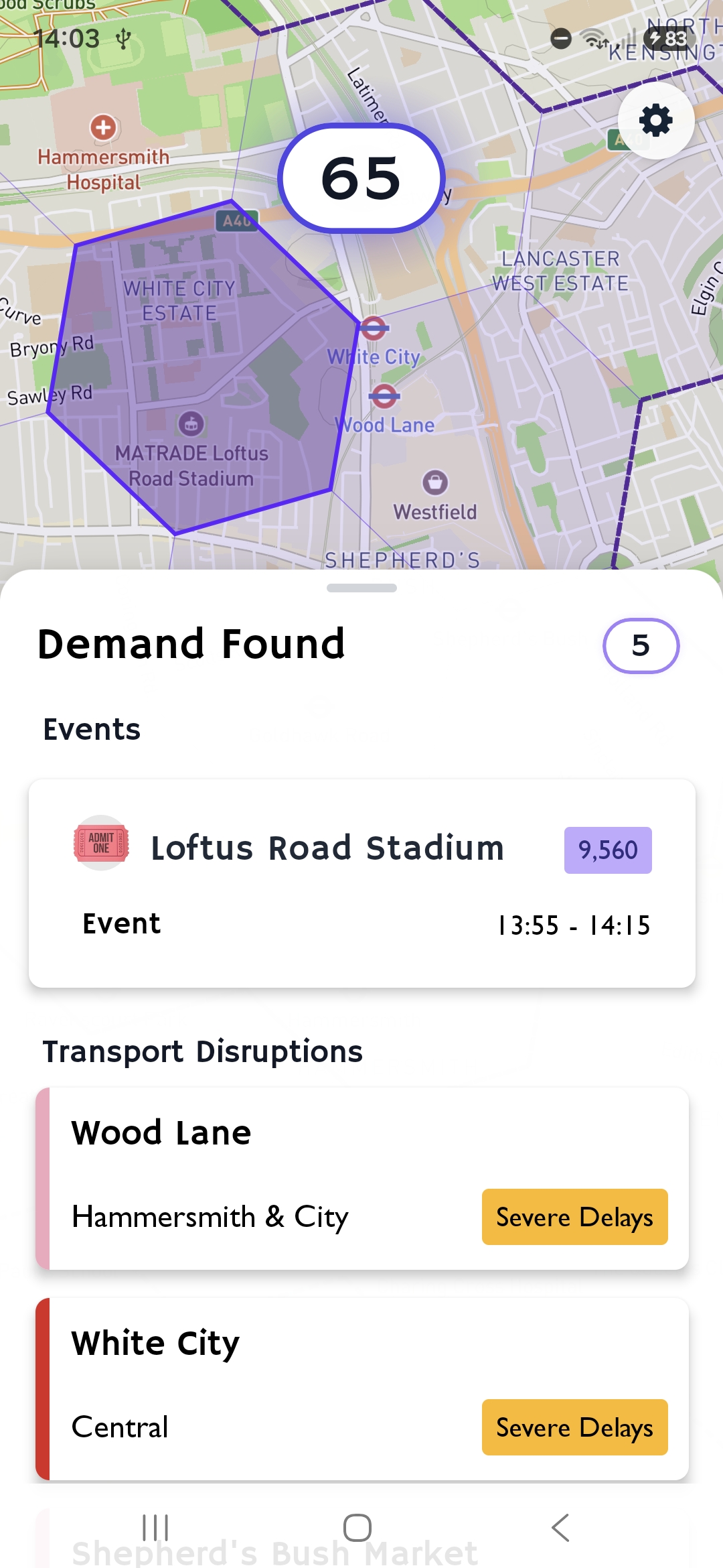 Live demand near White City with events and transport disruptions