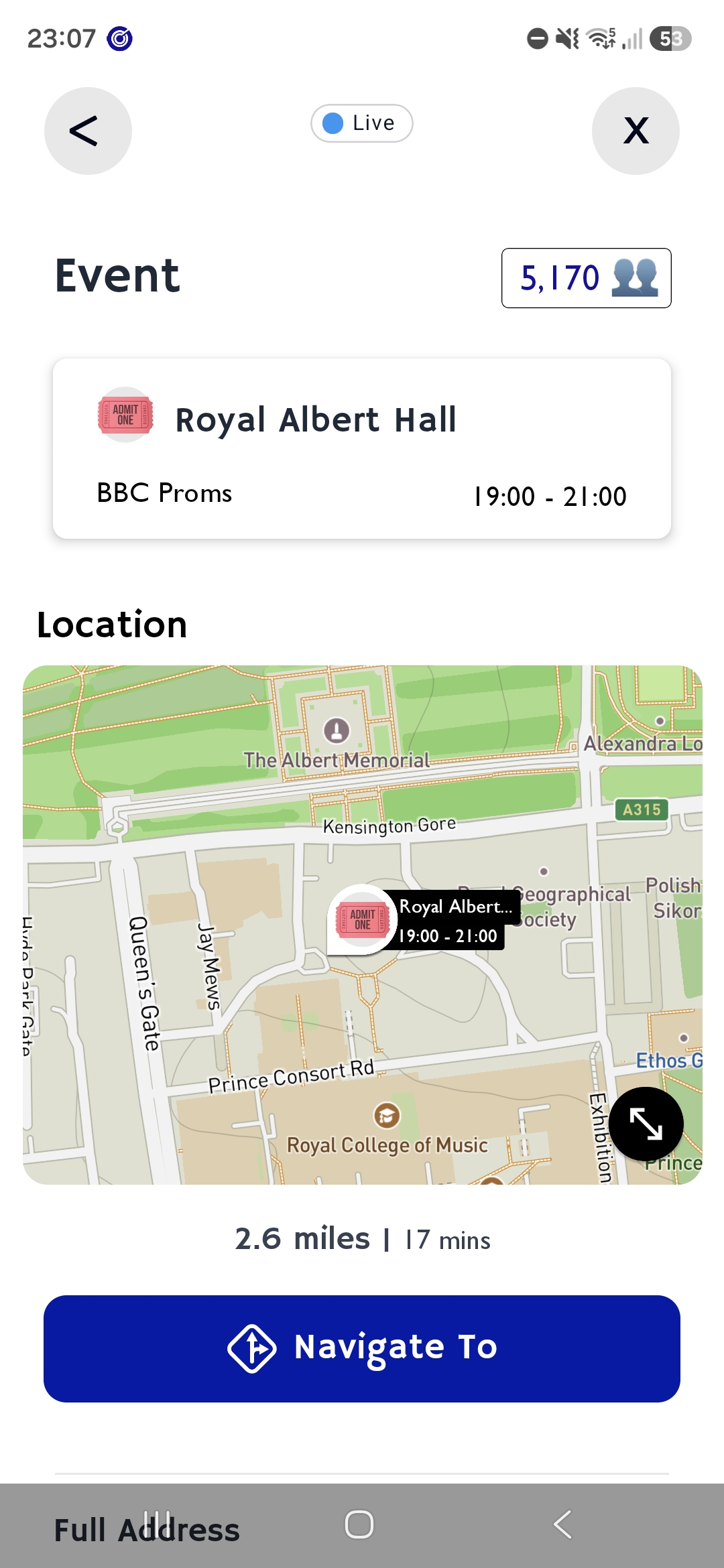 Event information for the Royal Albert Hall