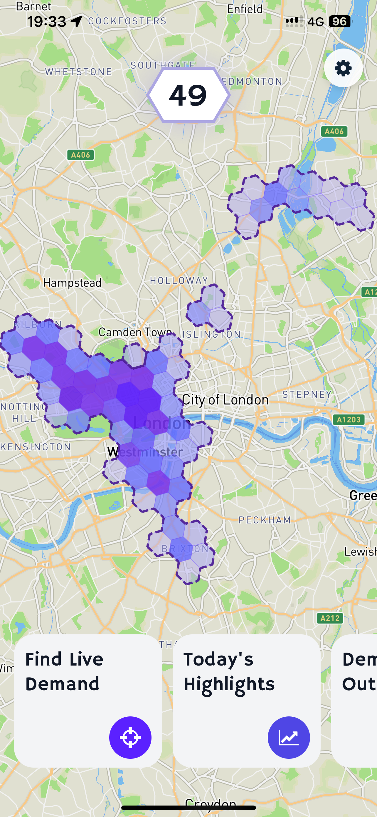 CabRadar home map showing live demand across London
