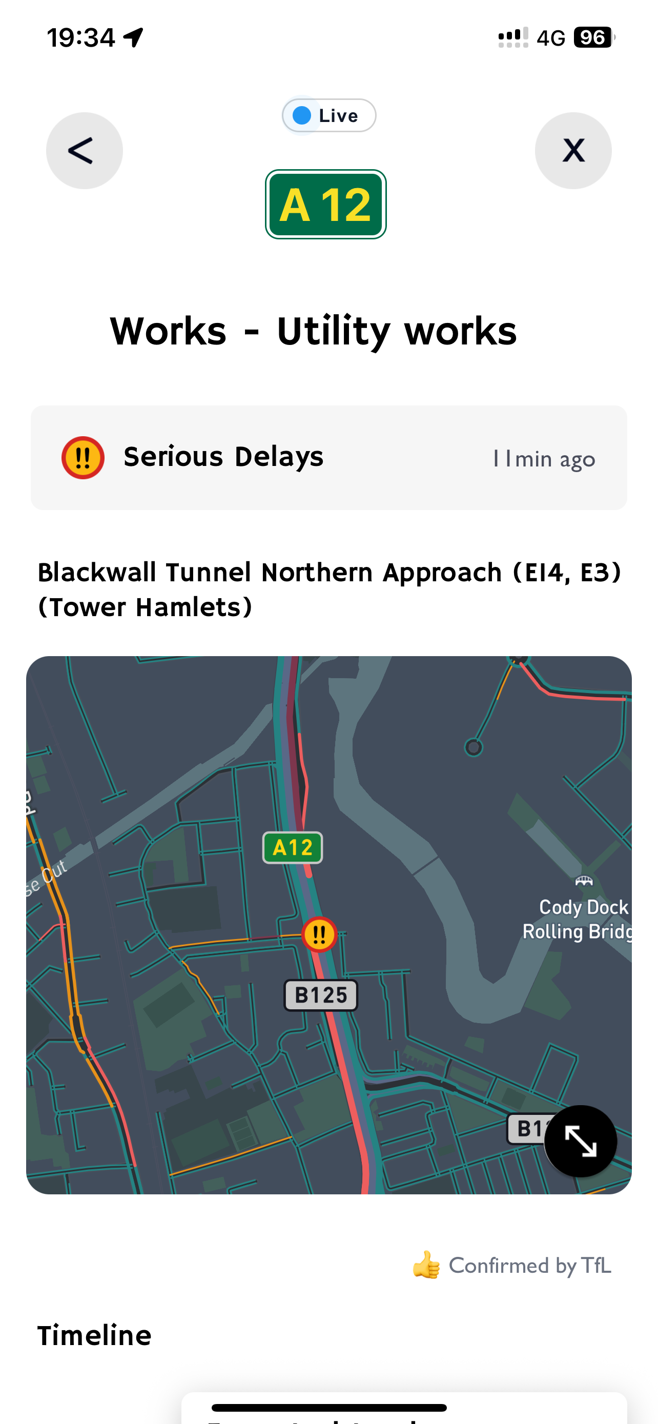 Blackwall Tunnel approach disruption with severity and location map